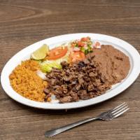 10. Carne Asada Plate · Comes with rice, beans, salad, and two homemade tortillas.

