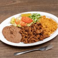 16. Carne Al Pastor Plate · Comes with rice, beans, salad, and two homemade tortillas.

