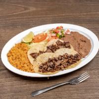 23. Mini Tacos Plate · Asada, barbacoa, or pastor. No mix. Served with rice and beans. Comes with rice, beans, sala...