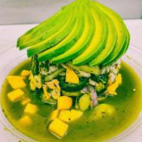 Mango Aguachile Shrimp · Shrimp cooked in lime juice with cucumber, onion, jalapenos, cilantro, aguachile sauce, mang...