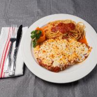 Chicken Parmigiana · Tomato sauce and mozzarella cheese.