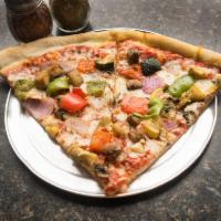 Grilled Veggie Pizza · Zucchini, squash, eggplant, peppers, onions and mushrooms. Vegetarian.