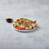 12 Piece Crunchy Roll · Shrimp tempura, imitation crabmeat, cucumber, avocado rolled with sushi rice and nori.  Topp...
