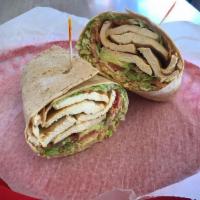 #8. Chicken Club Wrap · Grilled chicken with crispy bacon, shredded lettuce, tomato and mayonnaise in a flour tortil...