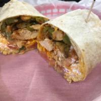 #21. Chicken Fajita Wrap · Chicken with peppers, onions, salsa, cheese, sour cream and rice.