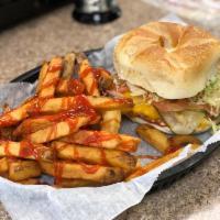 California Turkey Cheeseburger · American cheese, lettuce, tomato, onions, pickles, ketchup and mayo.