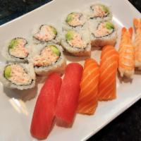 Sushi Combo A · 8 pcs California Roll, 2 pcs of Tuna, Salmon & Shrimp. raw