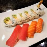 Sushi Combo D · 6 pcs Shrimp Tempura Roll, 2 pcs of Salmon & Tuna. raw