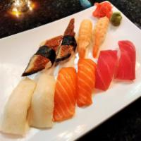 Sushi Combo G · 2 pcs of Tuna, Salmon, Escolar, Shrimp & Eel. raw