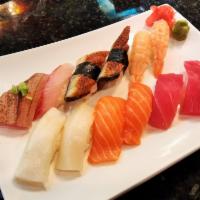 Sushi Combo H · 2 pcs of Tuna, Salmon, Escolar, Shrimp, Eel, and Izumidai. raw