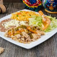 Chicken Plate · Shredded chicken (cooked with bell peppers, onion and tomato), beans, rice, guacamole, lettu...