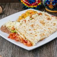 Cheese Quesadilla Plate · Cheese quesadilla. Served with beans, rice, guacamole, lettuce and tomato.