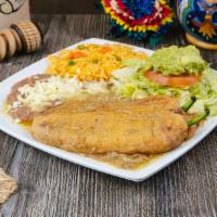 2 Chiles Rellenos Plate · 2 chile rellenos, beans, rice, guacamole, lettuce and tomato. Served with either corn or flo...