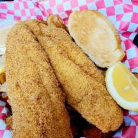 G. Catfish and Chip Basket · Served with hand cut potato chips, hush puppies, and garlic bread.