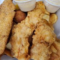 K. Catfish and Tender Basket · Served with hand cut potato chips, hush puppies, and garlic bread.