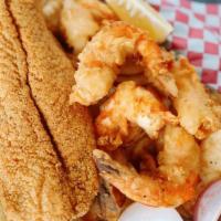 J. Catfish and Jumbo Shrimp Basket · Served with hand cut potato chips, hush puppies, and garlic bread.