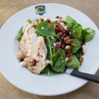 Spinach Chicken Salad · Fresh spinach, grilled chicken, applewood bacon bits, hard-boiled egg, dried cranberries, bl...