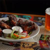 6 Wings · Six wings, your choice of sauce, with crudités and blue cheese
