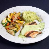 Poblano Chicken · Grilled chicken breast covered with poblano sauce, famous sauteed vegetable medley and cilan...