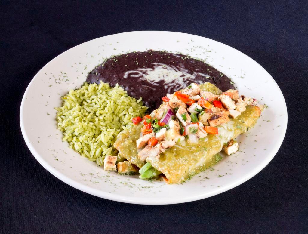 La Vista Enchiladas · A pair of famous avocado enchiladas smothered with Jack cheese, pico de gallo and diced chicken fajita meat with tomatillo sauce. Cilantro lime rice and black beans on the side.