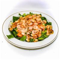 Shrimp Avocado Salad (GF) · Romaine lettuce, tomatoes, cucumbers, cilantro, avocado & grilled shrimps. With champagne dr...