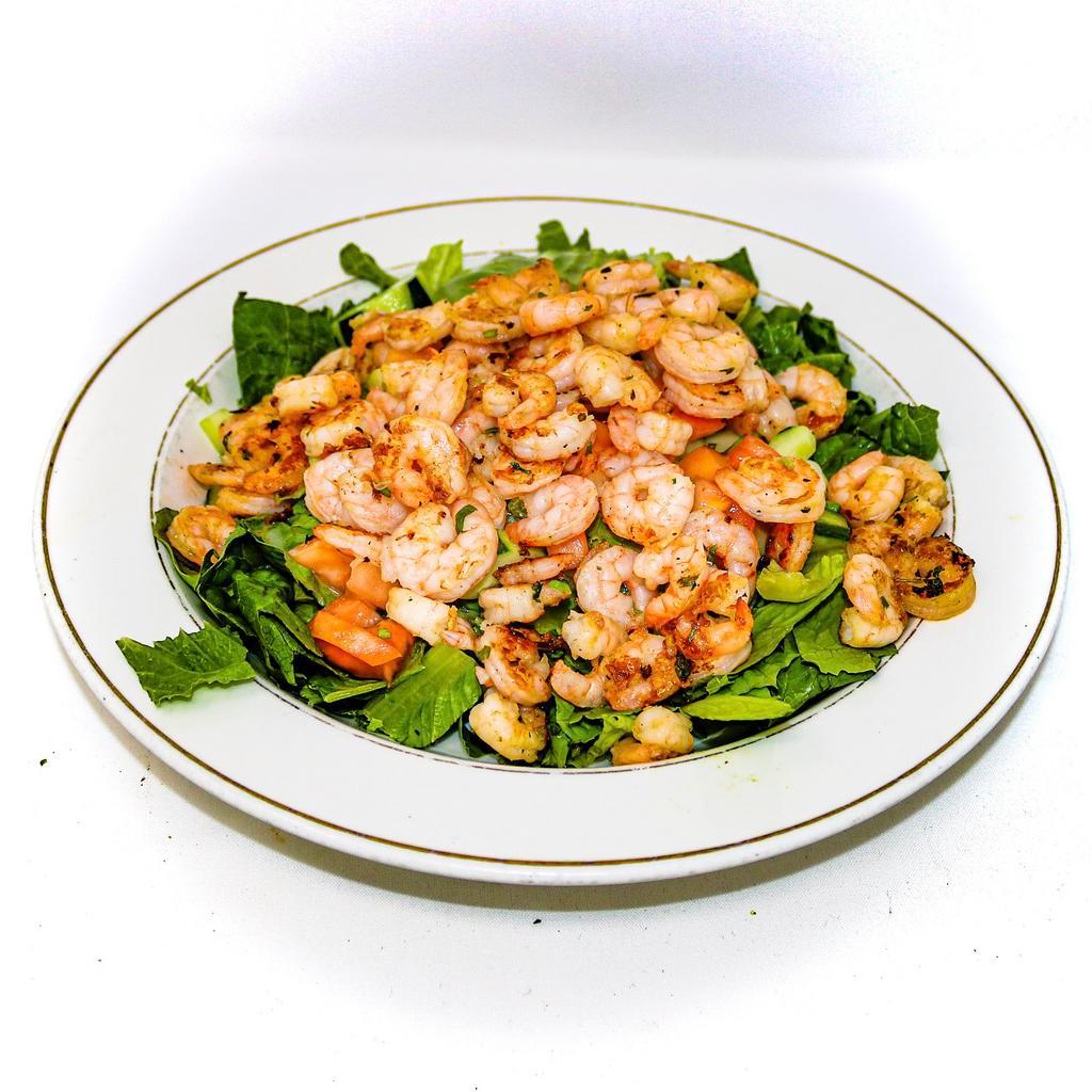 Shrimp Avocado Salad (GF) · Romaine lettuce, tomatoes, cucumbers, cilantro, avocado & grilled shrimps. With champagne dressing