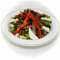 Portobello Salad (GF) · California spring mixed with tomatoes, cucumbers, grilled portobello
mushrooms, roasted pepp...