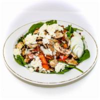 Florentine Salad (GF) · Baby spinach, tomatoes, bacon, onions, mushrooms, feta cheese & sliced hard boiled egg. With...