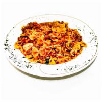 Farfalle Bolognese · Farfalle pasta with meat sauce, basil & fresh mozzarella