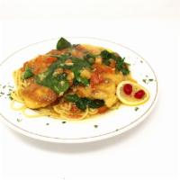 Lemon Chicken · Breaded chicken breast sautéed with tomatoes & spinach in a garlic butter lemon wine sauce. ...