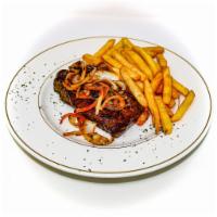 New York Strip Steak · 14 oz. Center cut certified angus, topped with sauteed onions. Served with potato & vegetables