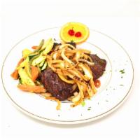 Romanian Steak (GF) · Grilled romanian steak with sautéed onions. Served with potato & vegetables