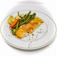 Baked Stuffed Filet of Sole · Stuffed with crab-meat stuffing & butter lemon sauce. Served with potato & vegetables