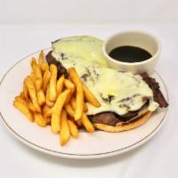 Open Faced French Dip · Hot open sliced roast beef & melted mozzarella cheese on a kaiser roll. Served with au jus