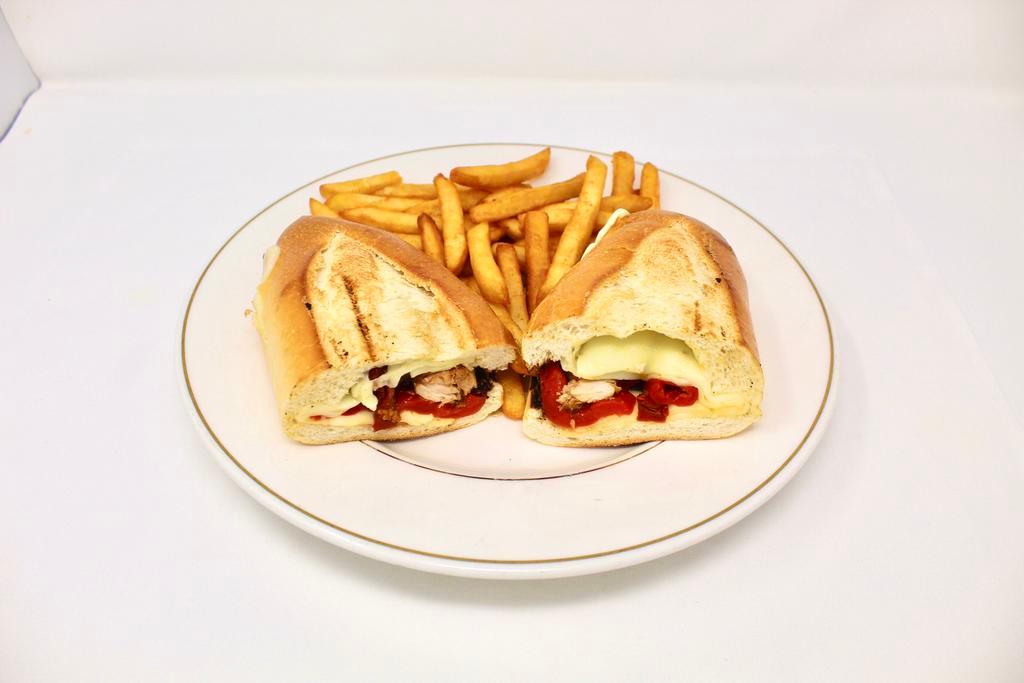 NY Grilled Chicken Sandwich · Grilled chicken breast, roasted peppers, sun-dried tomatoes & melted mozzarella cheese. Served on a club roll