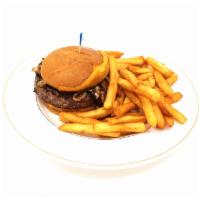 Manny's Burger · Sautéed onions, mushrooms & cheddar cheese. Served with
french fries