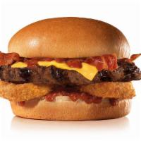 Western Bacon Cheeseburger · Charbroiled All-Beef patty, two strips of bacon, melted American cheese, two crispy onion ri...