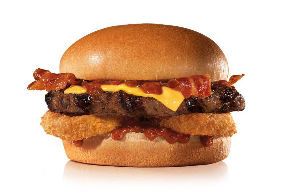 Western Bacon Cheeseburger® · Charbroiled All-Beef Patty, Two Strips of Bacon, Melted American Cheese, Two Crispy Onion Rings and Tangy BBQ Sauce on a seeded bun.