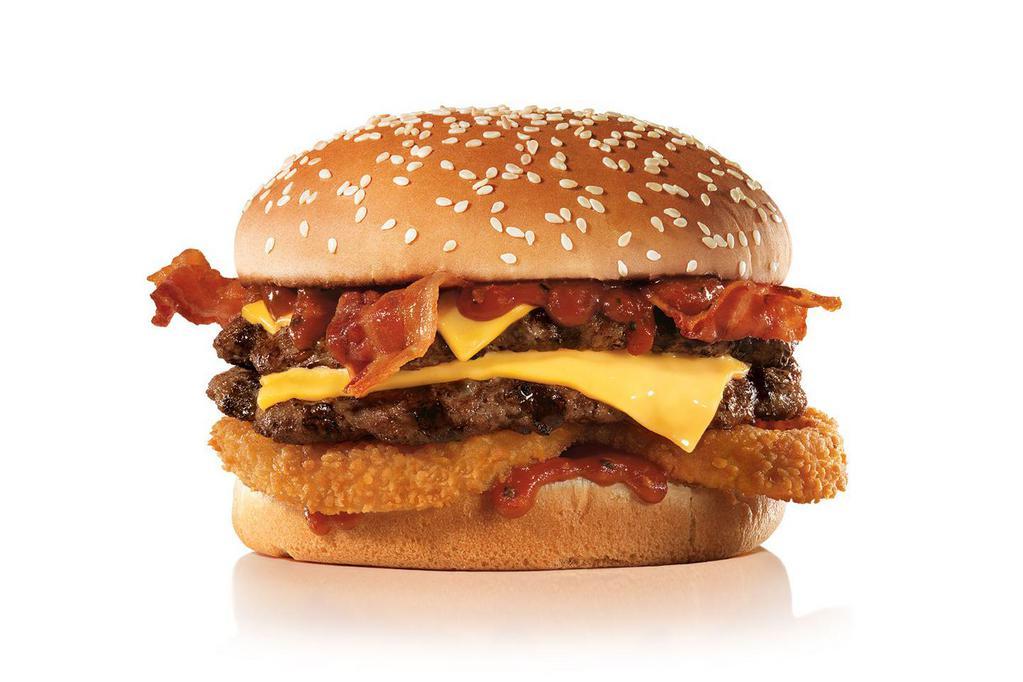 Double Western Bacon Cheeseburger® · Two Charbroiled All-Beef Patties, Two Strips of Bacon, Two Slices of Melted American Cheese, Crispy Onion Rings and Tangy BBQ Sauce on a seeded bun.