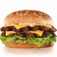 The Big Carl · Two charbroiled beef patties, our classic sauce, two slices of American cheese, and lettuce ...
