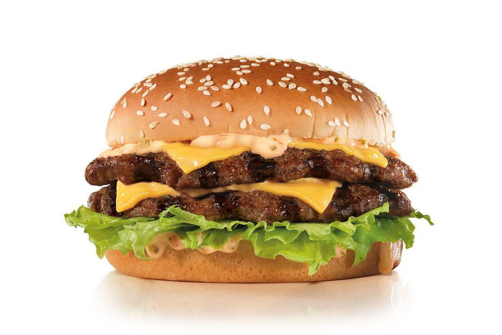 The Big Carl® · Two charbroiled beef patties, our classic sauce, two slices of American cheese, and lettuce all on a seeded bun.