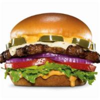 Jalapeno Angus Burger ·  Charbroiled Third Pound 100% Angus Beef, Pepper Jack cheese, 
jalapeño coins, and Santa Fe ...