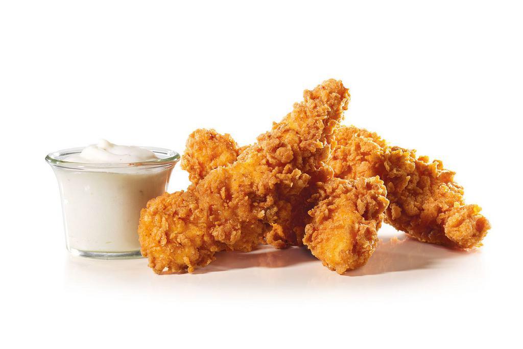 3 Piece Hand-Breaded Chicken Tenders™ · Freshly prepared hand-breaded chicken tenders. Premium, all-white meat chicken, hand dipped in buttermilk, lightly breaded and fried to a golden brown. Served with a choice of honey mustard, buttermilk ranch or sweet & bold BBQ dipping sauces.