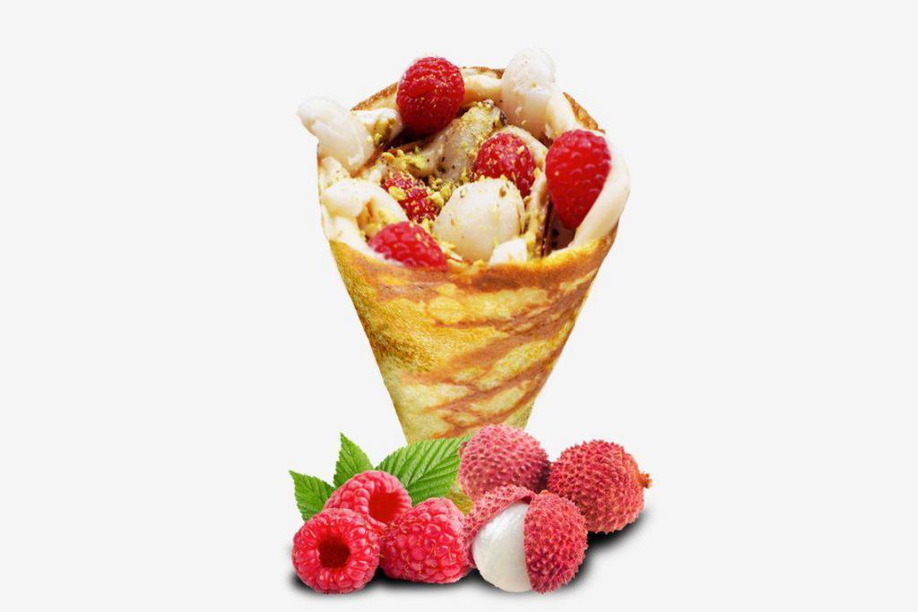 *7. Lychee Romantic · Lychees, raspberries, rose custard cream, whipped yogurt and crushed pistachio.