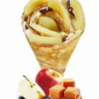 *M4. Caramel Fuji Apple · Caramelized apples raisins, custard cream, whipped yogurt, caramel sauce and granola.