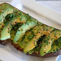 Avocado Toast · A thick slice of toasted Rustic bakery campagne bread, topped with freshly mashed avocado, c...