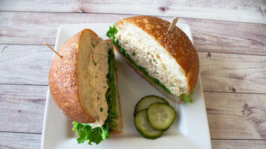 Albacore Tuna Salad Sandwich · White albacore tuna with chives, on your choice of bread, with housemade mayonnaise, organic baby lettuce, comes with house-made pickles on the side unless otherwise noted.
