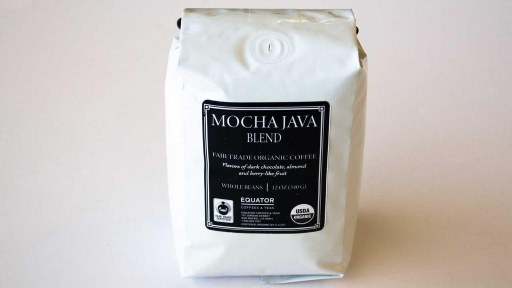 Bag of Equator Mocha Java Coffee Beans, 12 oz. · Fair trade, organic coffee with flavors of dark chocolate, almond, and berry like fruit. Mocha java is a classic blend name synonymous with fruit-forward flavors. Typically, natural processed coffee from Yemen or Ethiopia is combined with coffee from Indonesia, usually java but sometimes from other Islands such as Sumatra.
