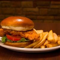 Buffalo Chicken Sandwich · Hand battered fried chicken breast, tossed in a zesty Buffalo sauce and topped with shredded...