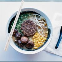 Vegan Miso · vegan miso dashi broth, corn, mushrooms, bean sprouts, impossible plant based “meat”, scalli...